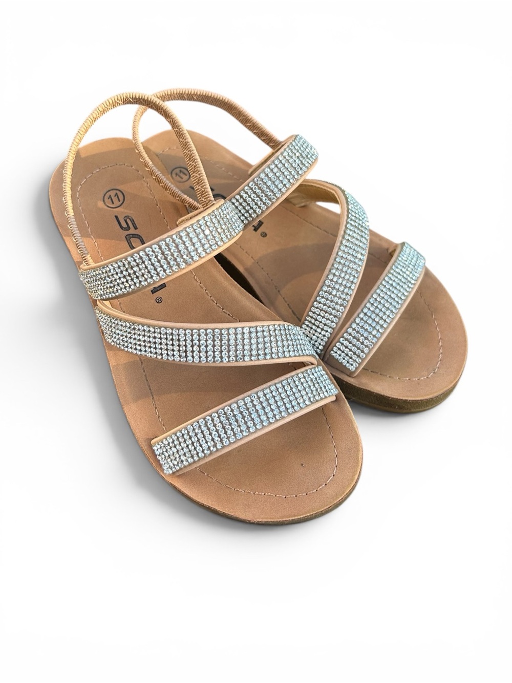Soda Girls Rhinestone Strappy Sandals Tan Brown Size 11 EUC Sparkly